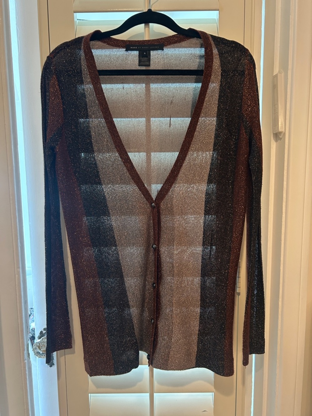 Marc Jacobs Metallic Striped V-Neck Cardigan in Brown and Black